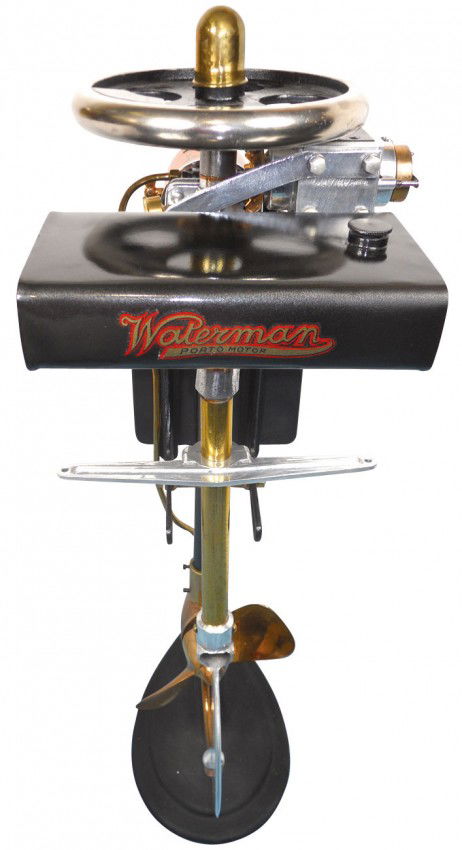 0759: Boat outboard motor w/cast stand, Waterman 