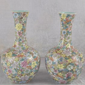 Pair of Chinese Famille Rose Bottle Vases