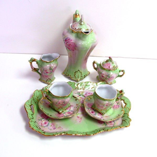 Limoges China Green Tea Set w/Tray 8 pc. Lot 85