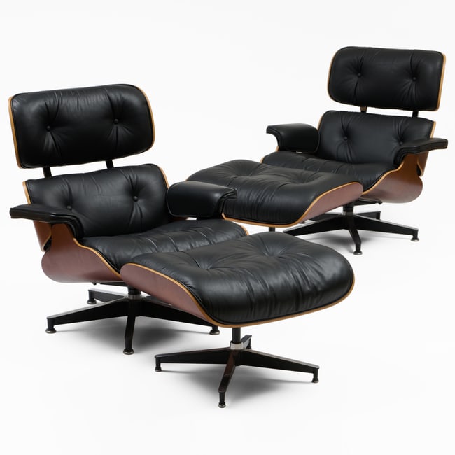 Pair of Charles and Ray Eames for Herman Miller Rosewood and Leather Armchairs and Ottomans for
