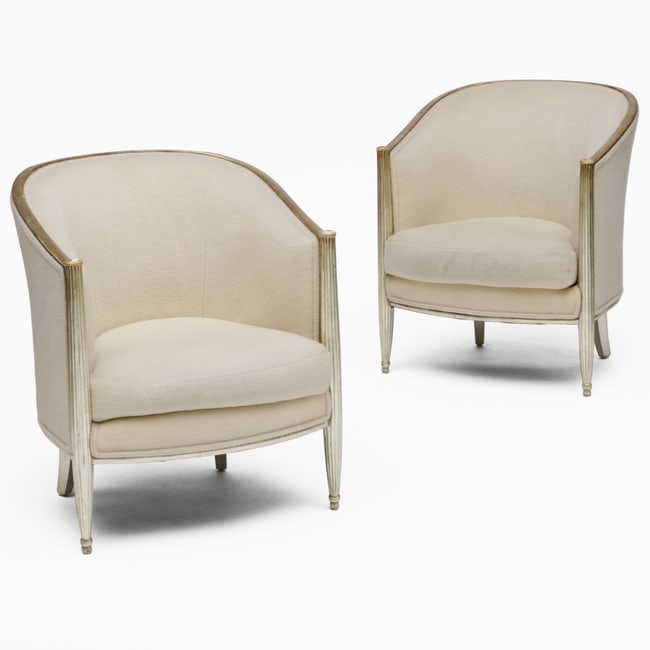 Pair of Modern Silver-Gilt and Upholstered Tub Chairs, Attributed to Paul Follot