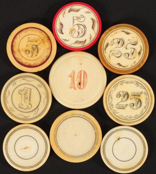 Collection Of Nine Antique Ivory Poker Chips Lot 152