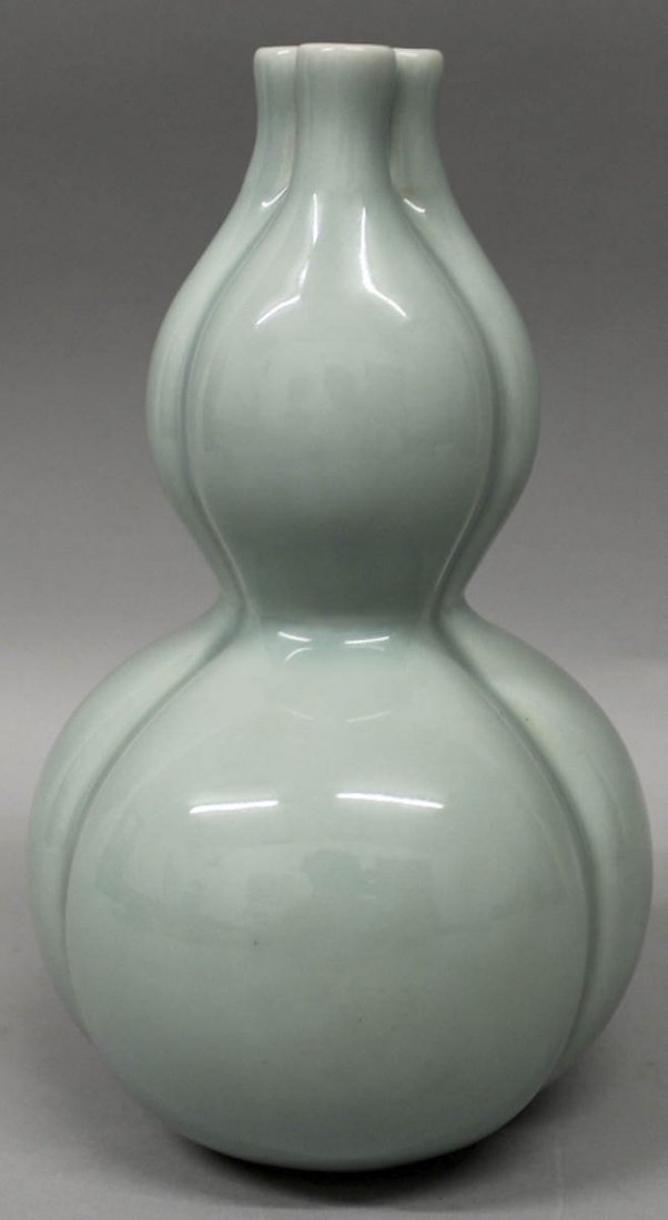 A Very Rare Chinese Celadon Double Gourd Vase with a triple neck. Qing Dynasty, Qianlong period