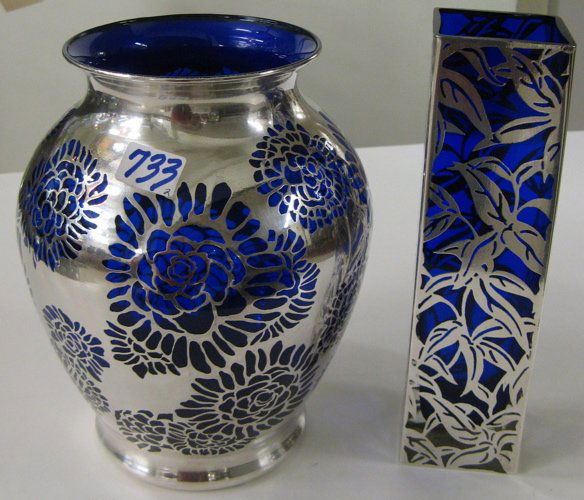 733 TWO SILVER OVERLAY COBALT BLUE GLASS VASES. One i Lot 733