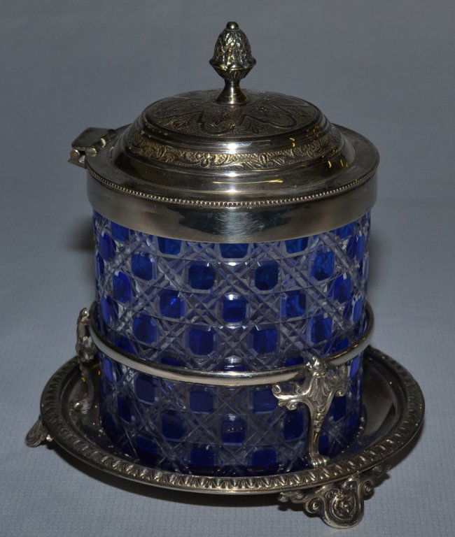 8" BLUE CUT TO CLEAR ENGLISH BISCUIT JAR SET ON Lot 447