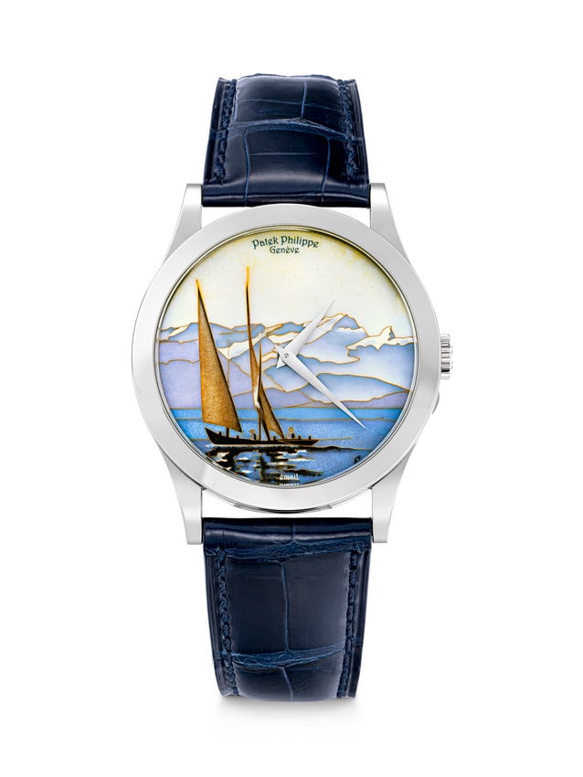 PATEK PHILIPPE. A VERY RARE 18K WHITE GOLD AUTOMATIC WRISTWATCH WITH CLOISONNÉ ENAMEL DIAL BY