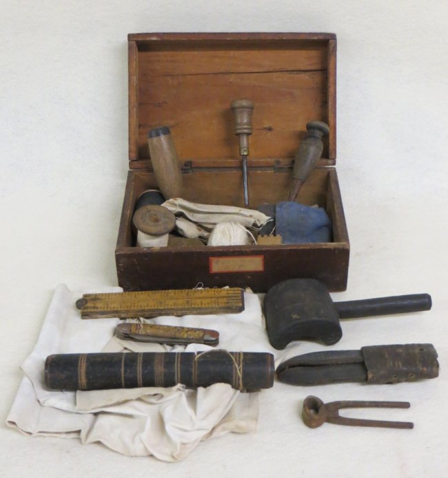 Sailor's sail repair kit with tools, rule, needle case Lot 338