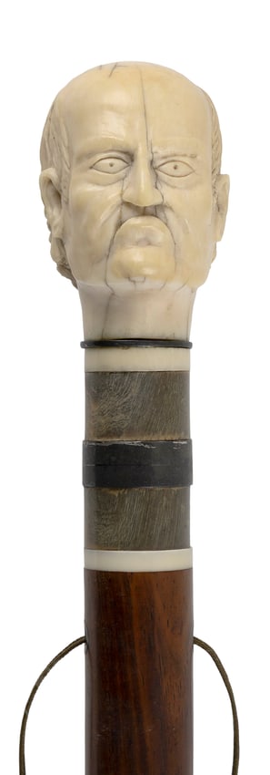 UNUSUAL SCRIMSHAW WALKING STICK WITH FIGURAL HANDLE Circa 1825-1850 Length 34.5