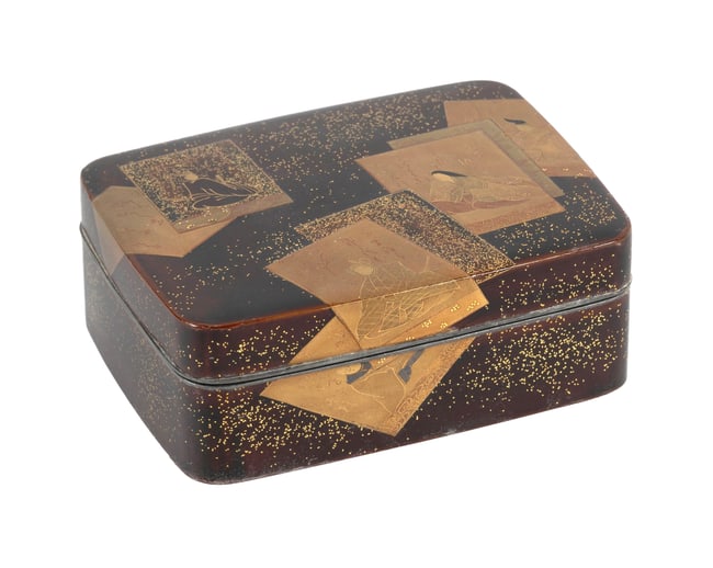 JAPANESE GILT ON BROWN LACQUER BOX Meiji Period Height 2