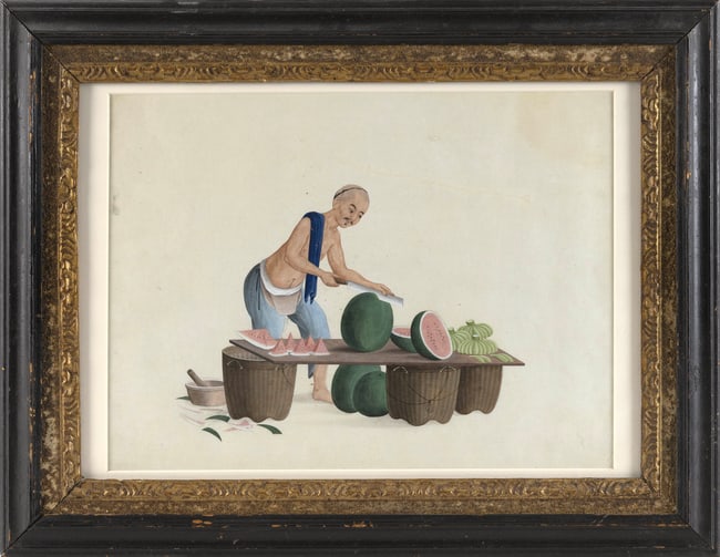 ATTRIBUTED TO PUQUA (China, Circa 1800-1820), A man cutting watermelon., Watercolor on paper, 9