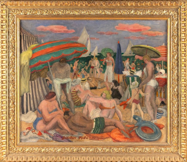 SALVATORE PINTO (Pennsylvania/Italy, 1905-1966), Beach scene with a striped umbrella., Oil on