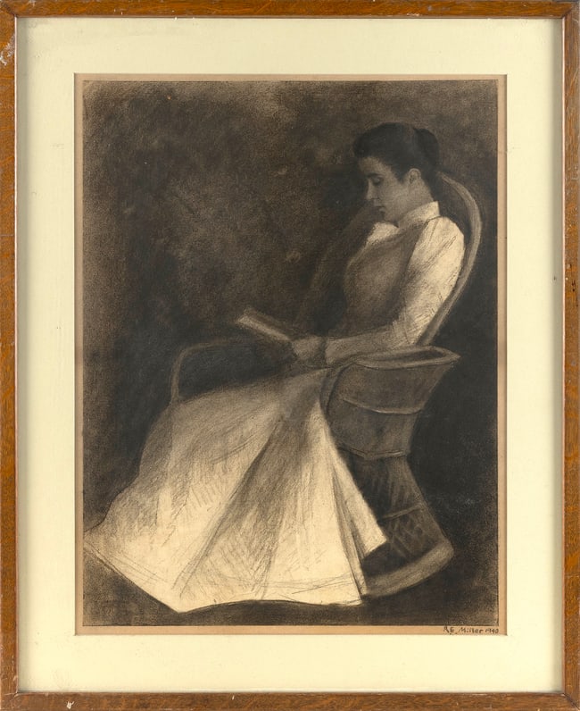 RICHARD EMIL MILLER (America/France, 1875-1943), Woman reading., Charcoal on paper, 22
