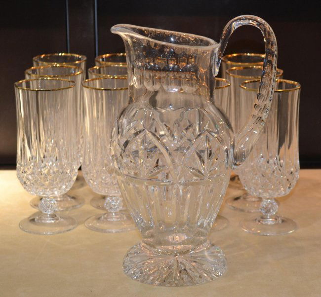 12 gold rimmed crystal glasses and water pitcher Lot 289B