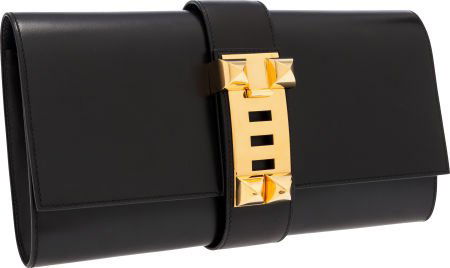 56094: Hermes 29cm Black Calf Box Leather Medor Clutch : Lot 56094  