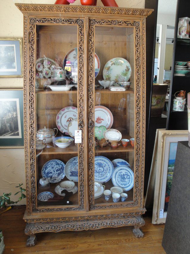 ANTIQUE THAI CARVED TEAK WOOD CHINA CABINET : Lot 66A