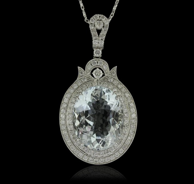 14KT White Gold 17.88ct Aquamarine and Diamond Pendant